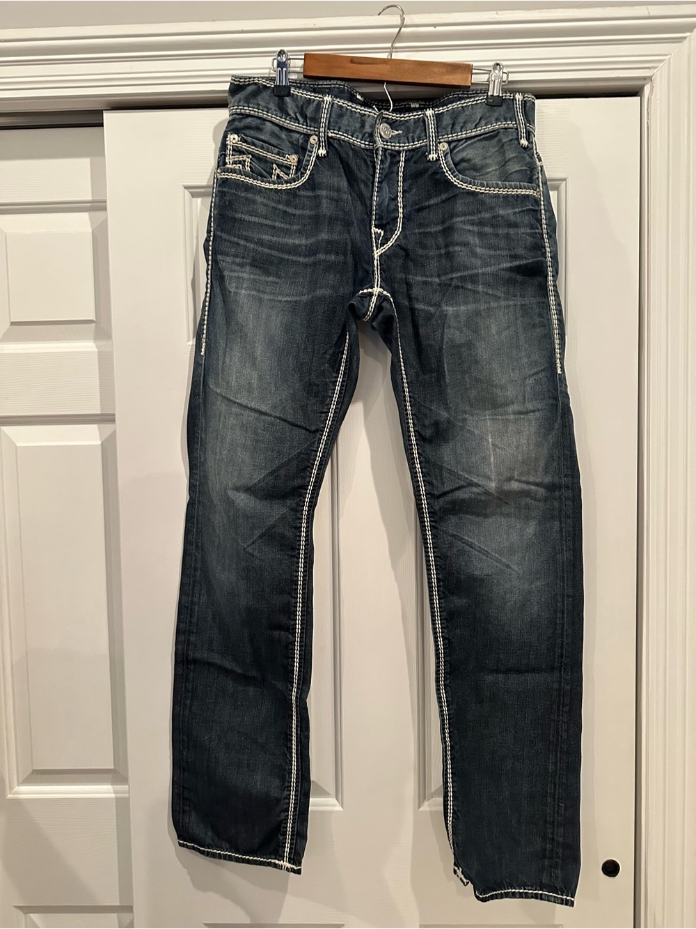 True Religion Men's Indigo Straight Jeans with White Stitching